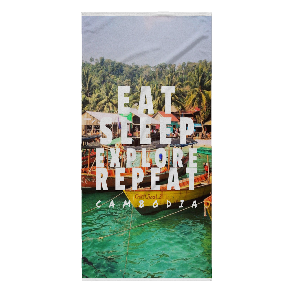 Eat, Sleep, Explore, Repeat Cambodia Beach Towel