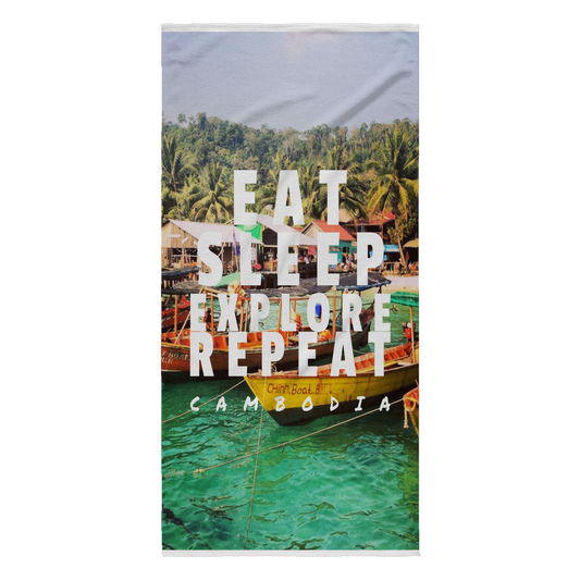 Eat, Sleep, Explore, Repeat Cambodia Beach Towel